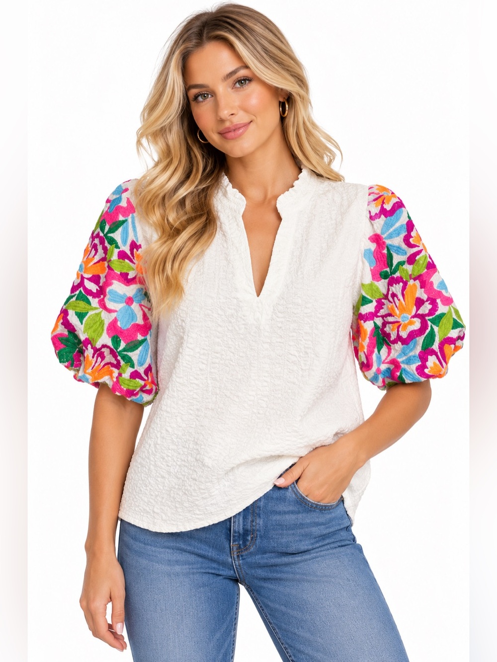 THML Size XS Embroidered Puff-Sleeve White Top with Floral Sleeves